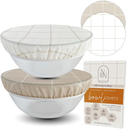 Nectar & Nest Reusable Bowl Covers for Bread Proofing (2 Lg) - Beeswax Bowl Covers Reusable, 100% Organic Cotton, Elastic Cover for Sourdough, Dough Proofing and Food Storage, Compostable
