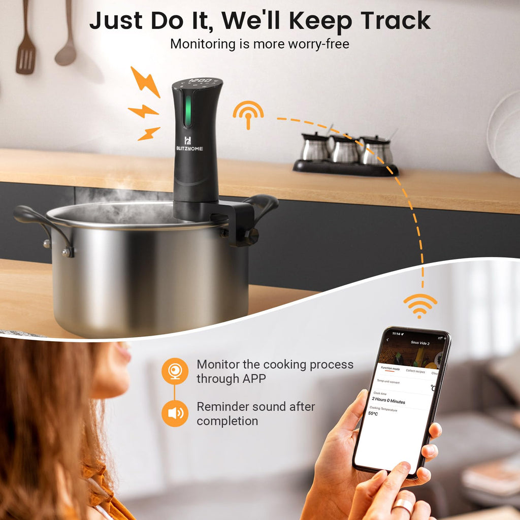 Машина BLITZHOME Sous Vide, додаток WiFi у комплекті, плита Sous Vide потужністю 1100 Вт з точною температурою та таймером, надтихий прецизійний циркуляційний пристрій з нержавіючої сталі, кухонні гаджети з рецептами