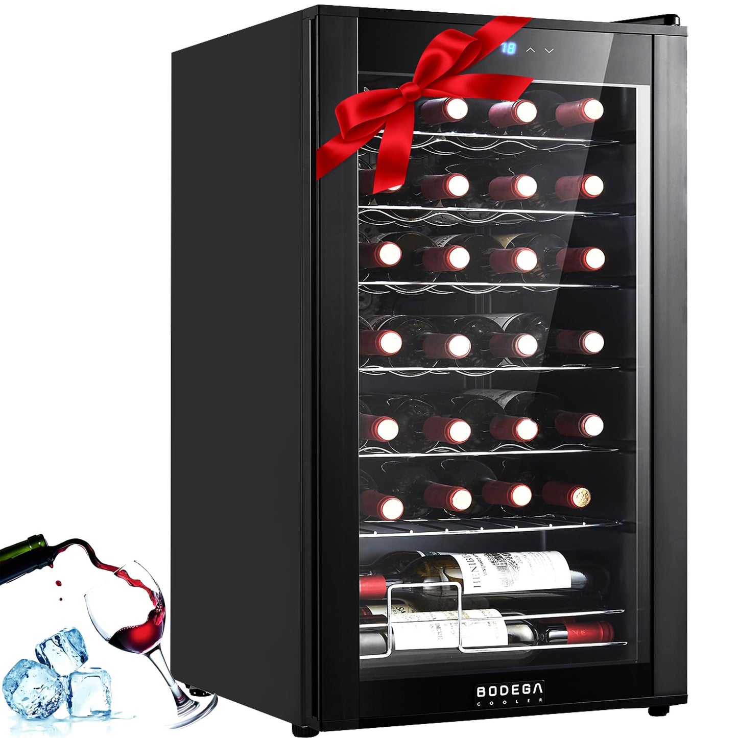 BODEGACOOLER 28 Bottle Compressor Wine Cooler Refrigerator, Mini Fridge with 41-64.4°F Digital Temperature Control Glass Door,Small Freestanding Wine Refrigerator for Red, White and Champagne