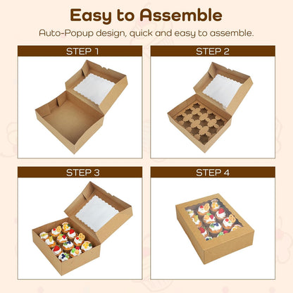 15-Set Cupcake Boxes Hold 12 Standard Cupcakes, Auto-Popup Cupcake Containers with Windows and Inserts, Brown Cupcake Carrier, Food Grade Kraft Cupcake Holders