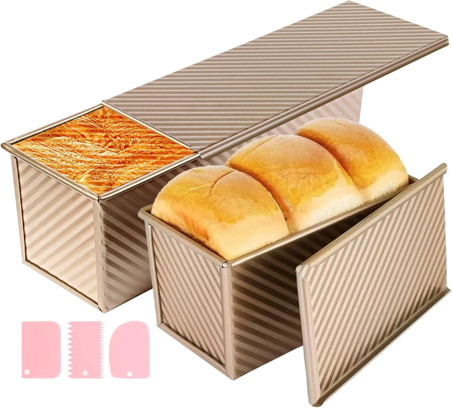 Upgrade Pullman Loaf Pan with Lid, Pullman Loaf Pan 2.2 LB/1 LB, 2 Pack Nonstick Sandwich Bread Pan, for Bread, Sandwiches, and Toast, Golden, Deep Side and Corrugated