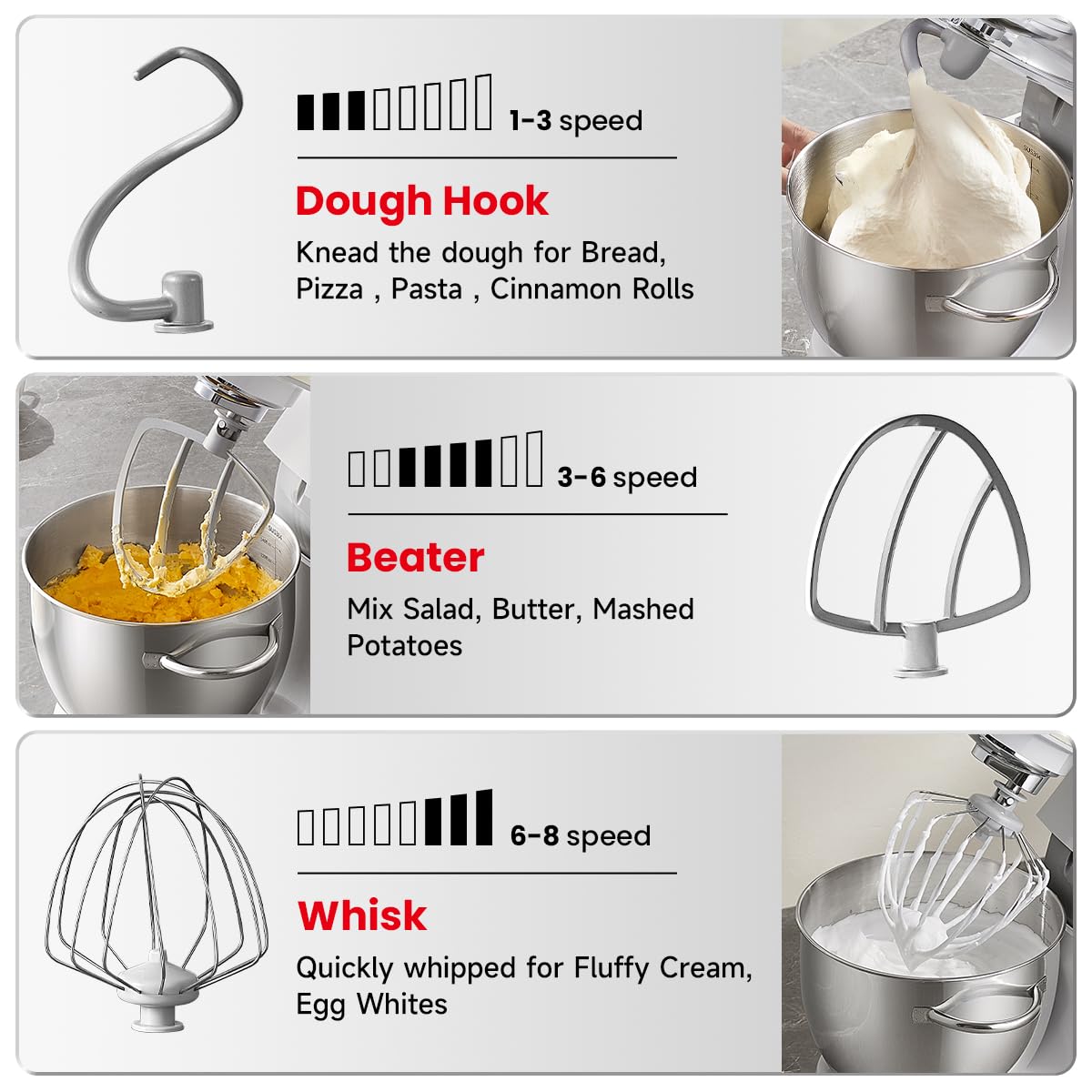 Hauswirt Electric Stand Mixer M5C, 3-in-1, 5.4Qt Dough Mixer, 8-Speed 500W Tilt-Head Food Mixer,with Dough Hook,Wire Whip & Beater,Black,No screen,Meat grinder sold separately