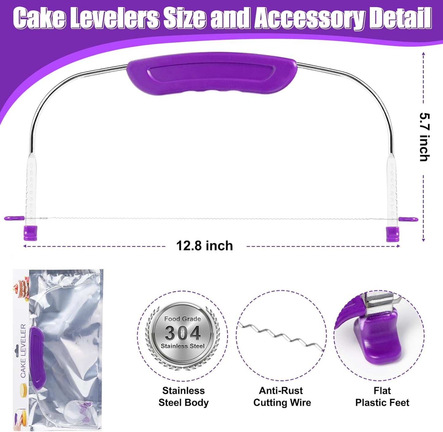 Adjustable Cake Leveler Cutter, Baking Supplies Tool for Kitchen, Professional Large Size Cake Cutter Slicer for Leveling, Single Stainless Steel Wire and Plastic Handle (Purple, 1pc)