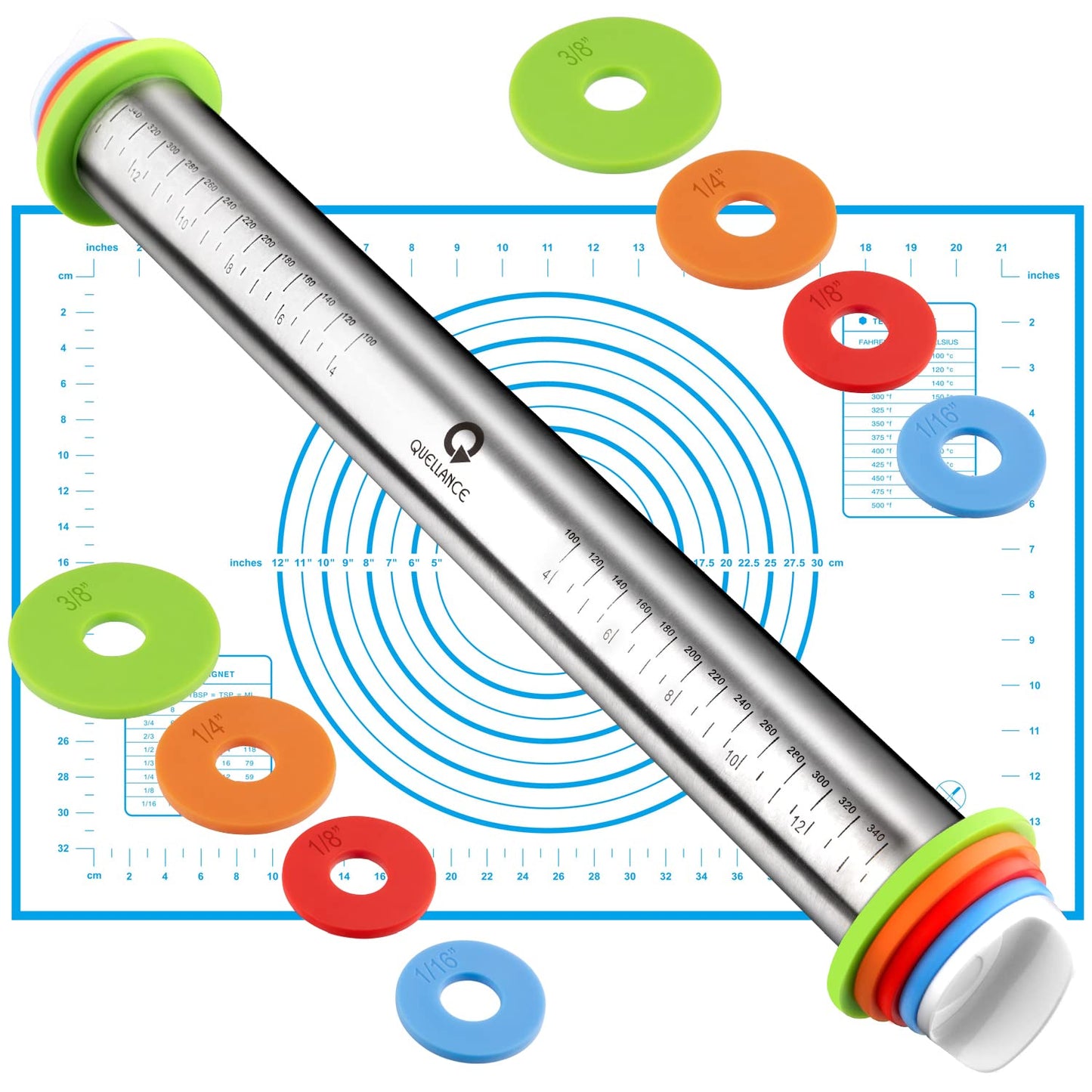 Rolling Pin and Pastry Baking Mat Set, Rolling Pins with Adjustable Thickness Rings, Stainless Steel Dough Roller for Baking Fondant, Pizza, Pie, Pastry, Pasta, Cookies (Red Mat)