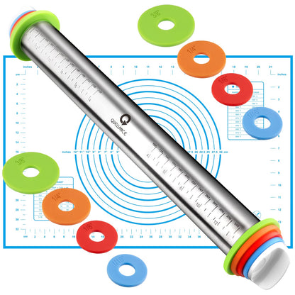 Rolling Pin and Pastry Baking Mat Set, Rolling Pins with Adjustable Thickness Rings, Stainless Steel Dough Roller for Baking Fondant, Pizza, Pie, Pastry, Pasta, Cookies (Red Mat)