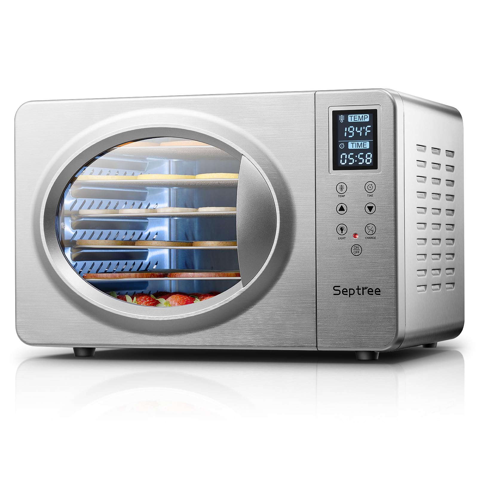 Сушарка для харчових продуктів Septree Silver Retro - 6 лотків з нержавіючої сталі, максимальна температура 190℉, цифровий контроль температури, вбудоване освітлення, ефективна сушарка потужністю 500 Вт для в'яленої яловичини, фруктів, грибів та йогурту