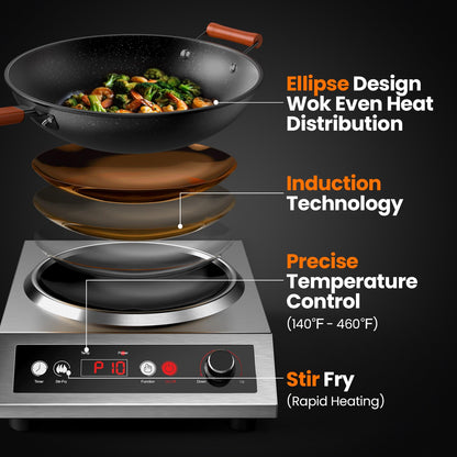 VEXMAECY 1800W Induction Wok,Stainless Steel Electric Wok Used For Home And Commercial,Temp From 140°F to 460°F,Concave Surface Dual Control 10 Power 24H Timer,14-inch Cast Iron Wok Included