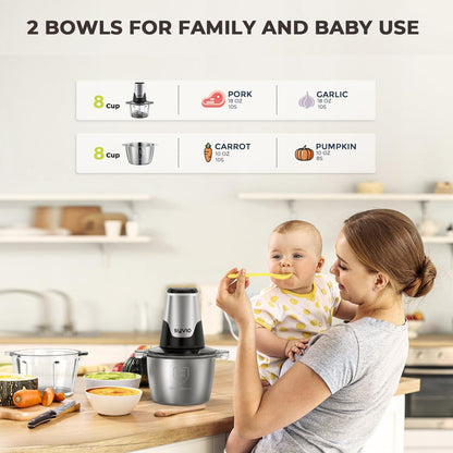 Syvio Food Processors with 2 Bowls, Meat Grinder 4 Bi-Level Blades, Mini Electric Food Chopper 450W, for Baby Food, Meat, Onion, Vegetables, 2 Speed, 8 Cup and 8 Cup