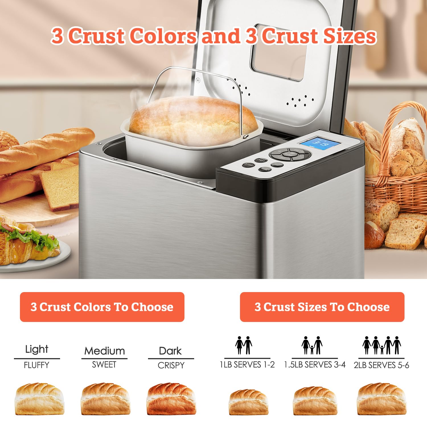 Automat do pieczenia chleba KBS 2LB, 19 w 1, stal nierdzewna, z ceramiczną patelnią, timerem 15 godz. i funkcją podtrzymywania ciepła 1 godz., chleb na zakwasie, bezglutenowy, o mocy 650 W, 3 rozmiary bochenków, 3 kolory skórki, przepisy