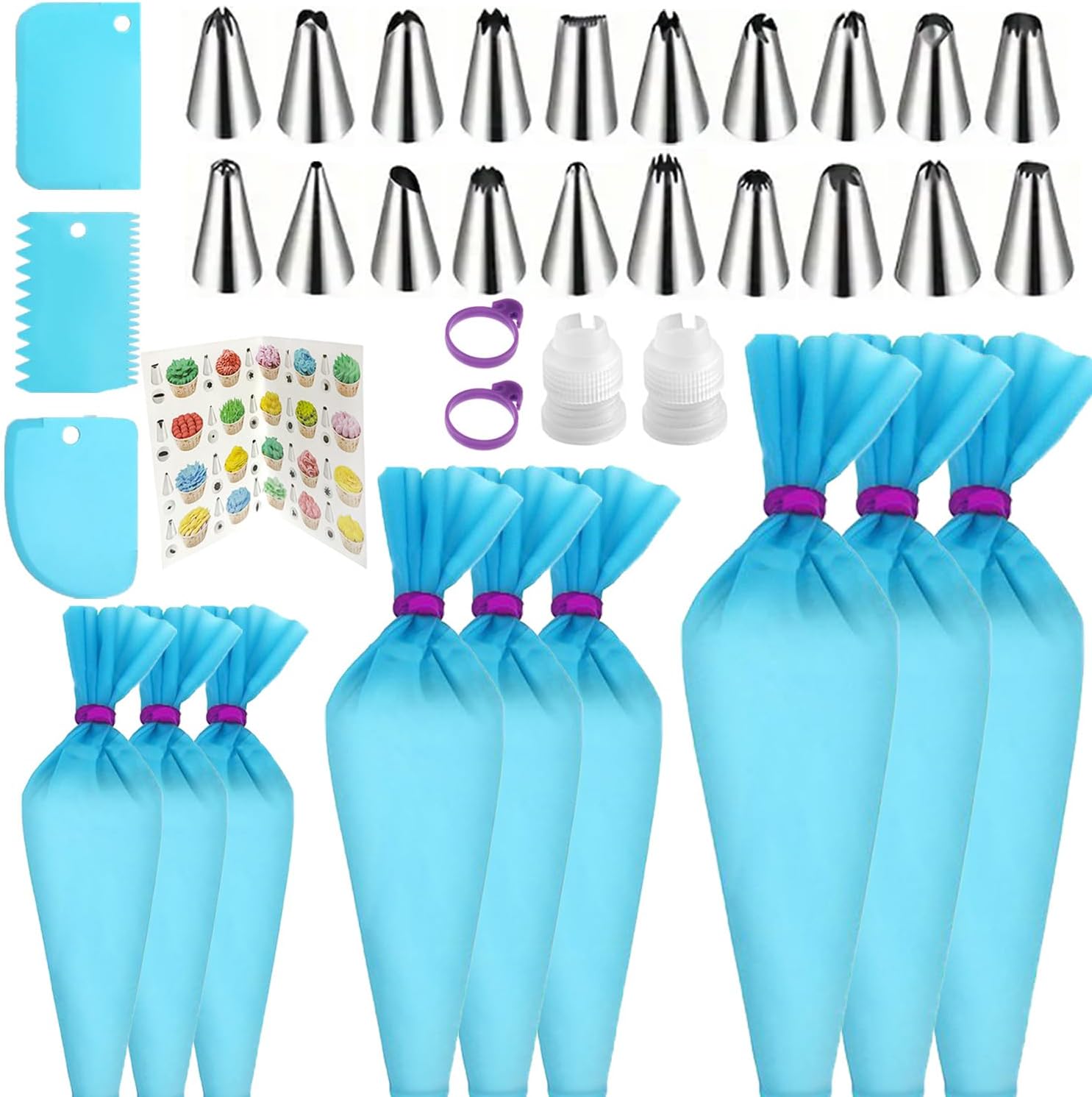 Reusable Piping Bags and Tips Set - Silicone Pastry Bags 3X (12’’+14’’+16’’) with Icing & Frosting Tips for Cake Decorating, Cupcakes, Cookies, Deviled Eggs, and Baking Accessories, Baking Tools Kit