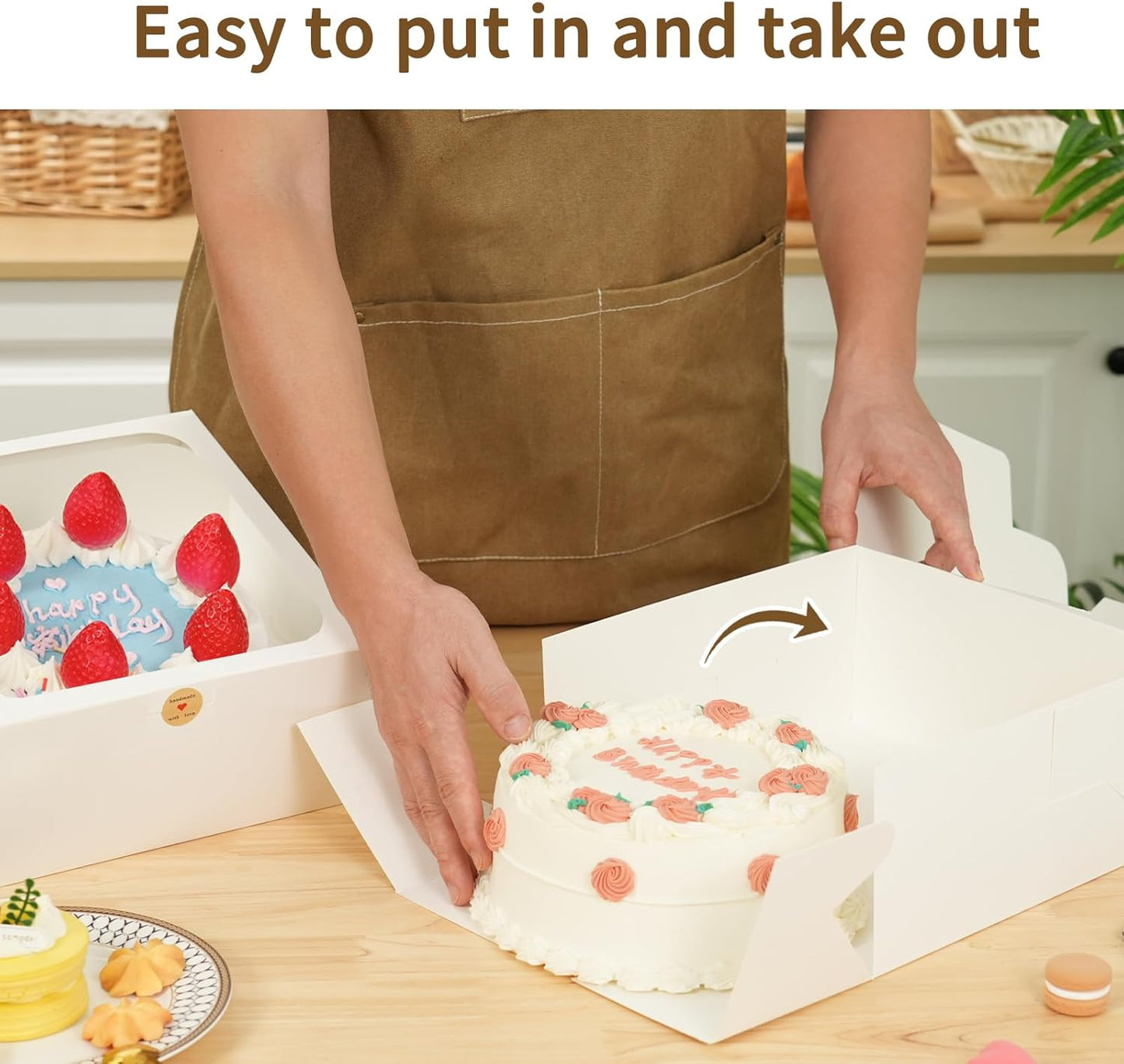 Moretoes 4 Pack Cake Boxes with Window, 10x10x5 Inches White Bakery Containers, 10 Inch White Cake Carrier, Disposable Bakery Boxes for Valentine's Day Mother's Day Cake Cupcake Cookie Pie Pastry