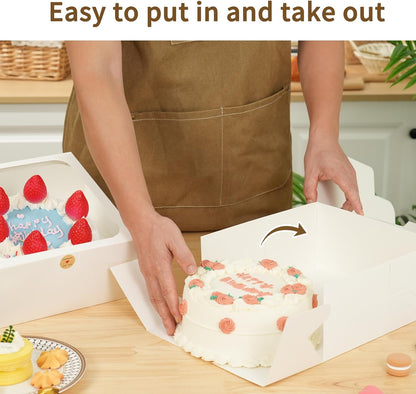 Moretoes 4 Pack Cake Boxes with Window, 10x10x5 Inches White Bakery Containers, 10 Inch White Cake Carrier, Disposable Bakery Boxes for Valentine's Day Mother's Day Cake Cupcake Cookie Pie Pastry