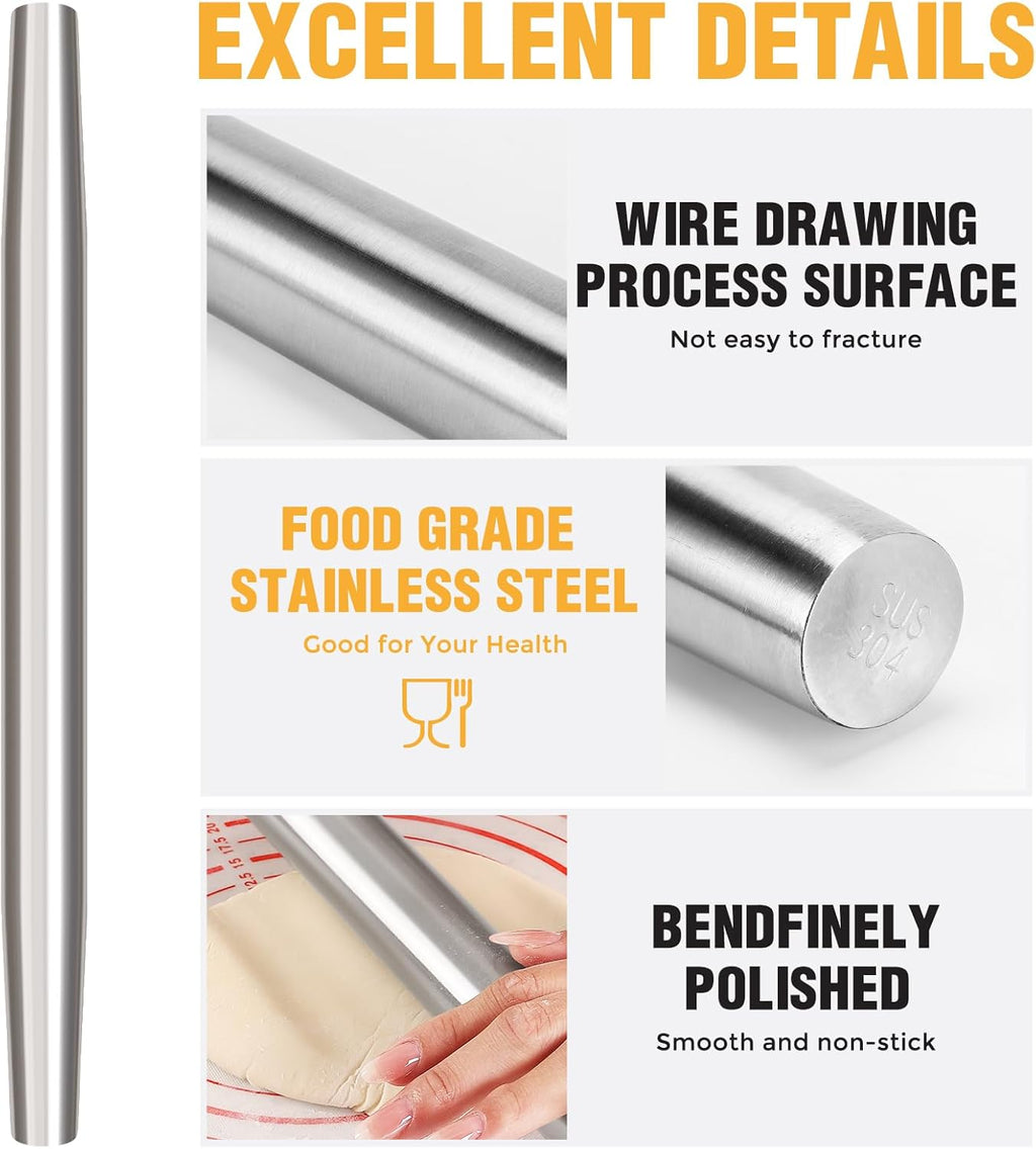 Smooth Stainless Steel Rolling Pin for Baking Fondant, Pizza, Pie, Pastry, Pasta, Dough, Cookies (12.8in)