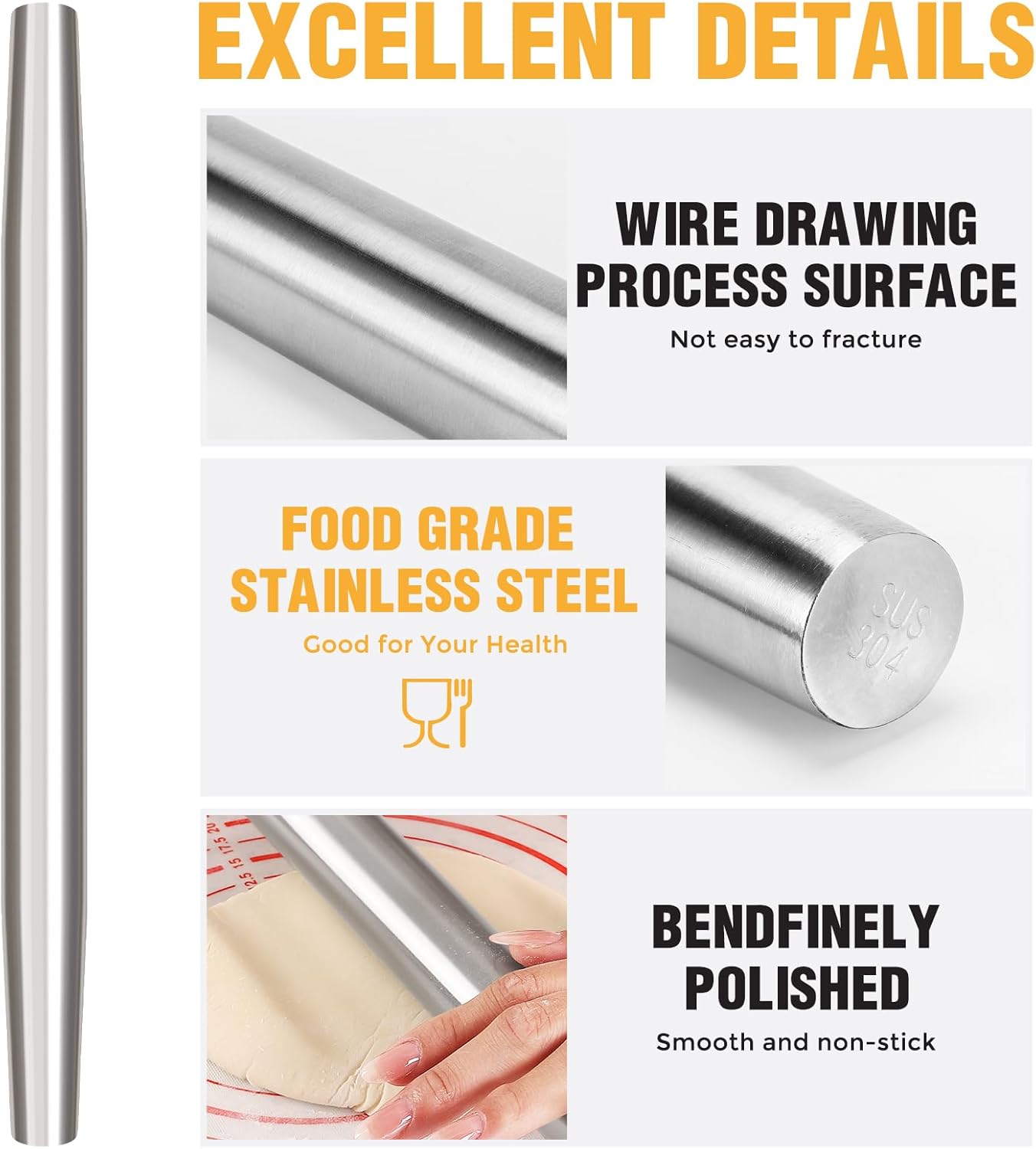 Smooth Stainless Steel Rolling Pin for Baking Fondant, Pizza, Pie, Pastry, Pasta, Dough, Cookies (12.8in)