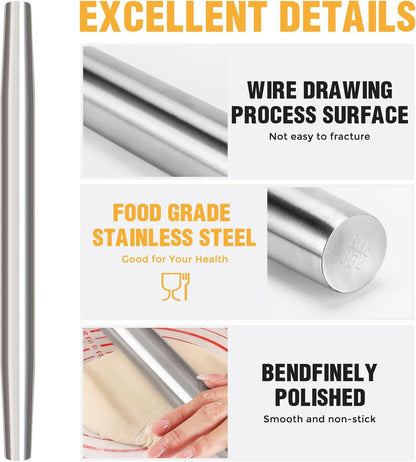 Smooth Stainless Steel Rolling Pin for Baking Fondant, Pizza, Pie, Pastry, Pasta, Dough, Cookies (12.8in)