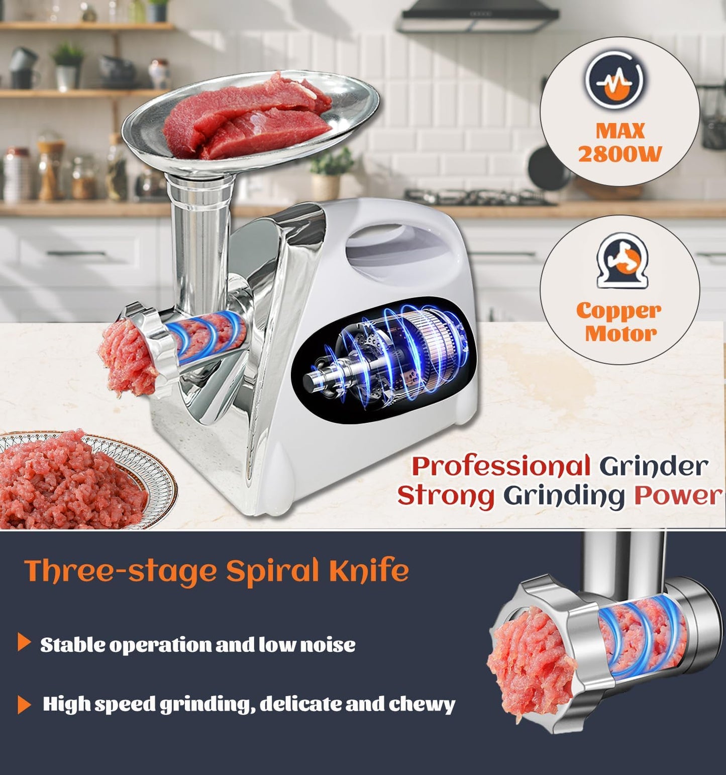 VNIMTI Electric Meat Grinder, Heavy Duty Meat Grinders 2800W, Stainless Sausage Maker Meat Mincer Machine with Blade, 3 Plates, Sausage Stuffer Tube and Kubbe Kit for Home Kitchen Use (2800W-White)