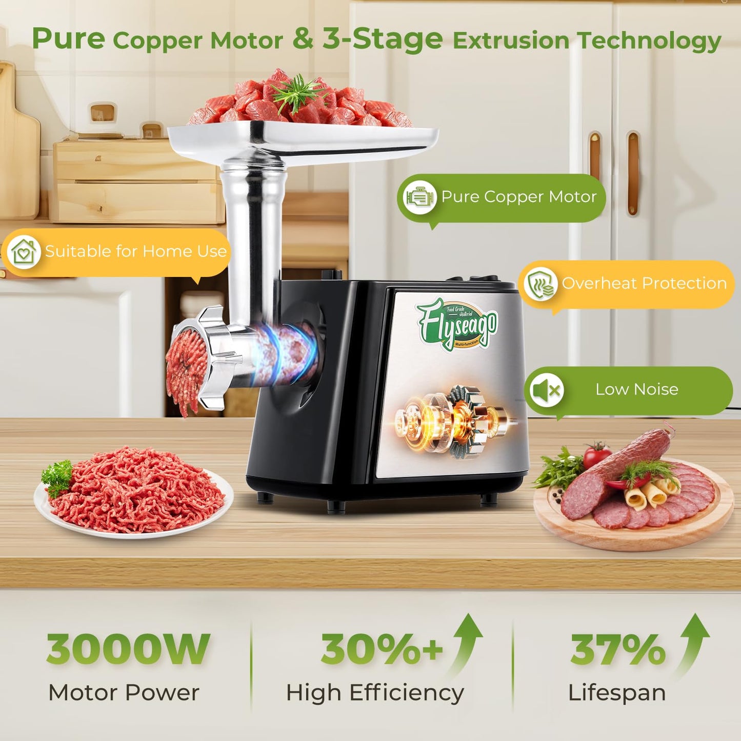 Flyseago Electric Meat Grinder, Cheese Grater 3000W Multifunctional Meat Grinder with Juicer, Vegetable Cutter Veggie Slicer, Shredder, Meat Chopper, Sausage Stuffer, Kubbe Kit, Home Use