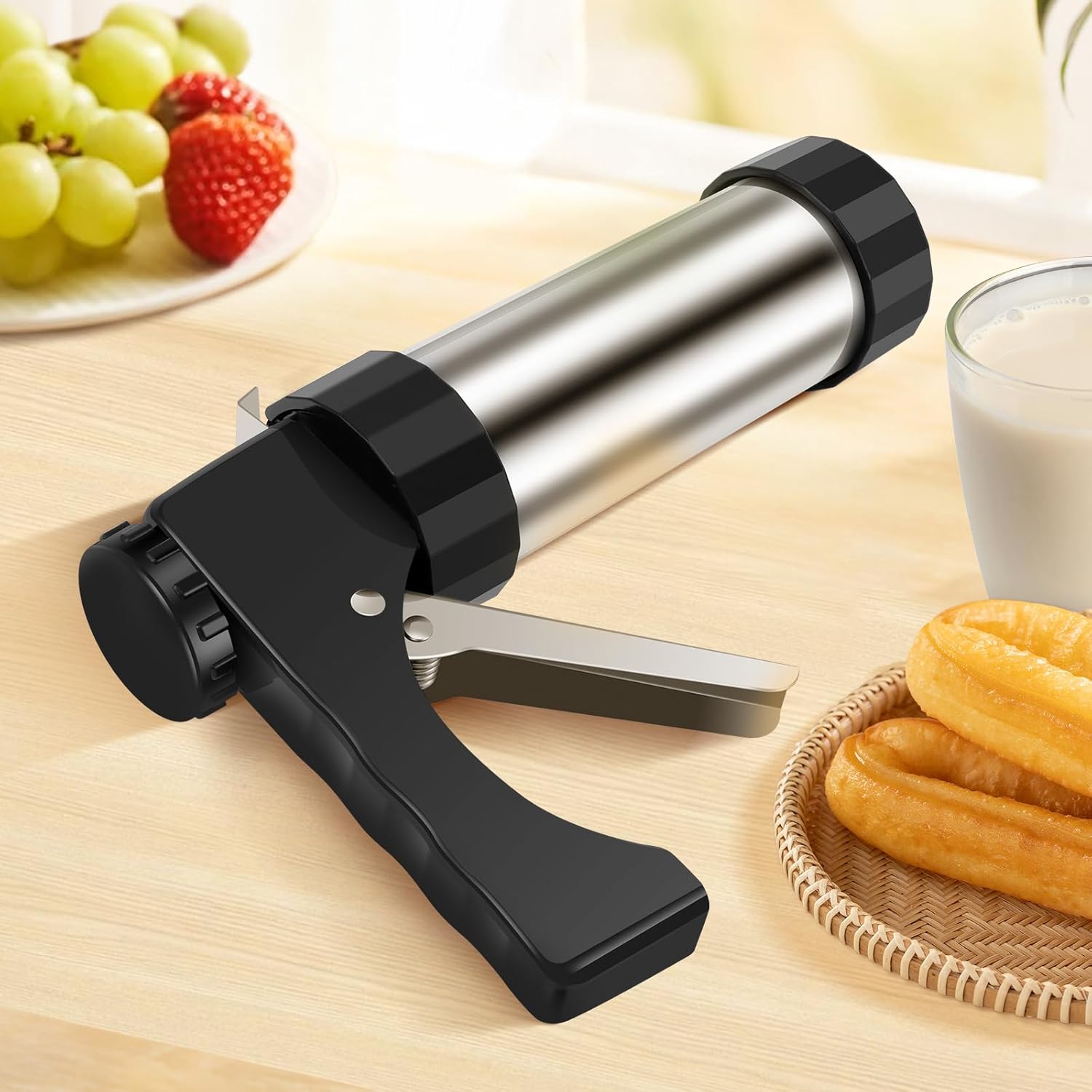 Churro Maker Machine, Stainless Steel Churro Gun Kit, Churros Maker Gun, Cookie Press Set with 1 Tips, 3 Discs, 2 Brushes