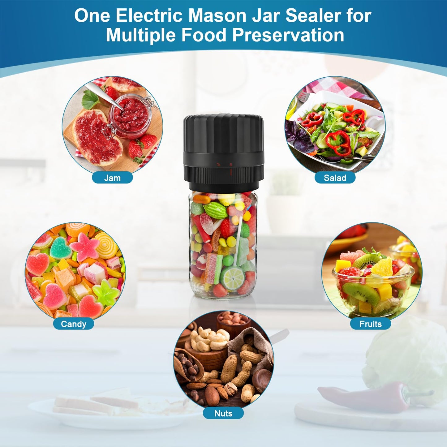 Electric-Mason-Jar-Vacuum-Sealer, Automatic Wide Mouth and Regular Mouth Mason Jar Vacuum Sealer Kit, VP06+ Vacuum Sealer for Jars with Opener & 5 Pairs of Lids