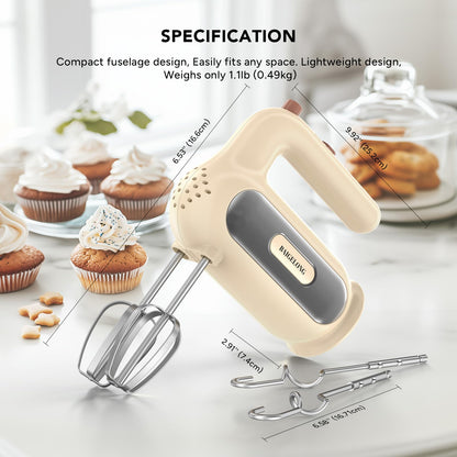 Hand Mixer Electric, 5-Speed Small Handheld Mixer, 2* (304 Dough Hooks & 304 Whisks) Food Mixer, Kitchen Mixer for Baking, Cream, Cookies, Dishwasher Safe