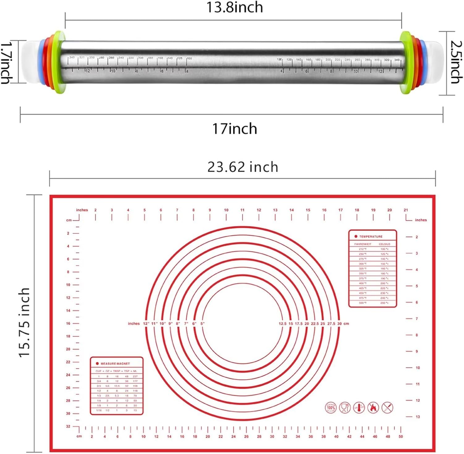 Stainless Steel Rolling Pin and Silicone Mat Set, Adjustable Thickness Rings - For Baking Dough, Pizza, Pies, Pastries, Pasta, Cookies