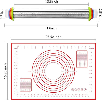Stainless Steel Rolling Pin and Silicone Mat Set, Adjustable Thickness Rings - For Baking Dough, Pizza, Pies, Pastries, Pasta, Cookies