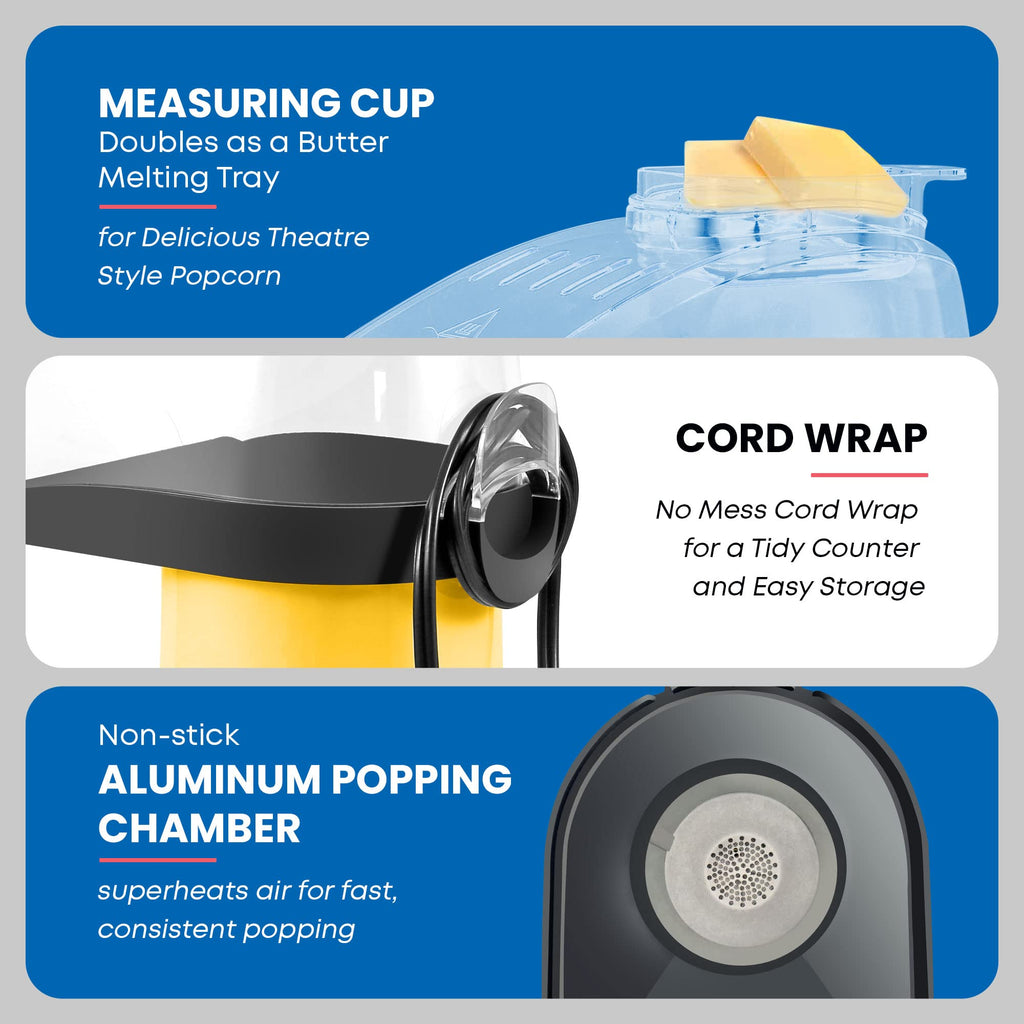 Elite Gourmet Fast Hot Air Popcorn Popper, 1300 W elektryczny popcorn Maker z miarką i tacką do topienia masła, bezolejowy, idealny na domowe przyjęcia dla dzieci, bezpieczeństwo zatwierdzone przez ETL, 4 kwarty, żółty