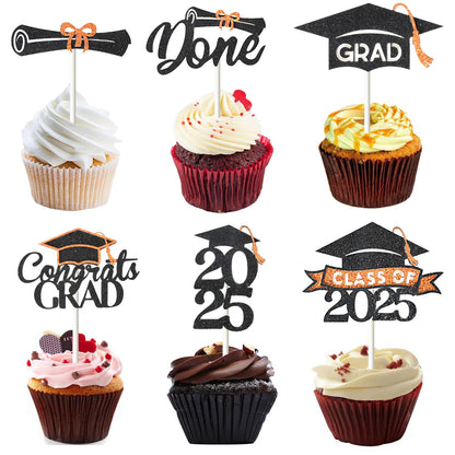 24 Pack 2025 Congrats Grad Cupcake Toppers Set, Glitter Graduation Cupcake Decor, Class of Cupcake Picks for Senior High School College Grad Party Decorations Supplies(Black with Gold) A