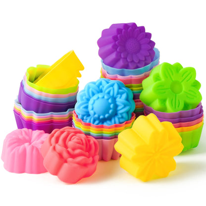R HORSE 42Pcs Mini Size Silicone Molds, 2 x 0.8 inch Cupcake Multi Flower Shapes Baking Cups Non-Stick Donut Wrapper Mold Muffin Liners Washable for Pan Oven Microwave Dishwasher