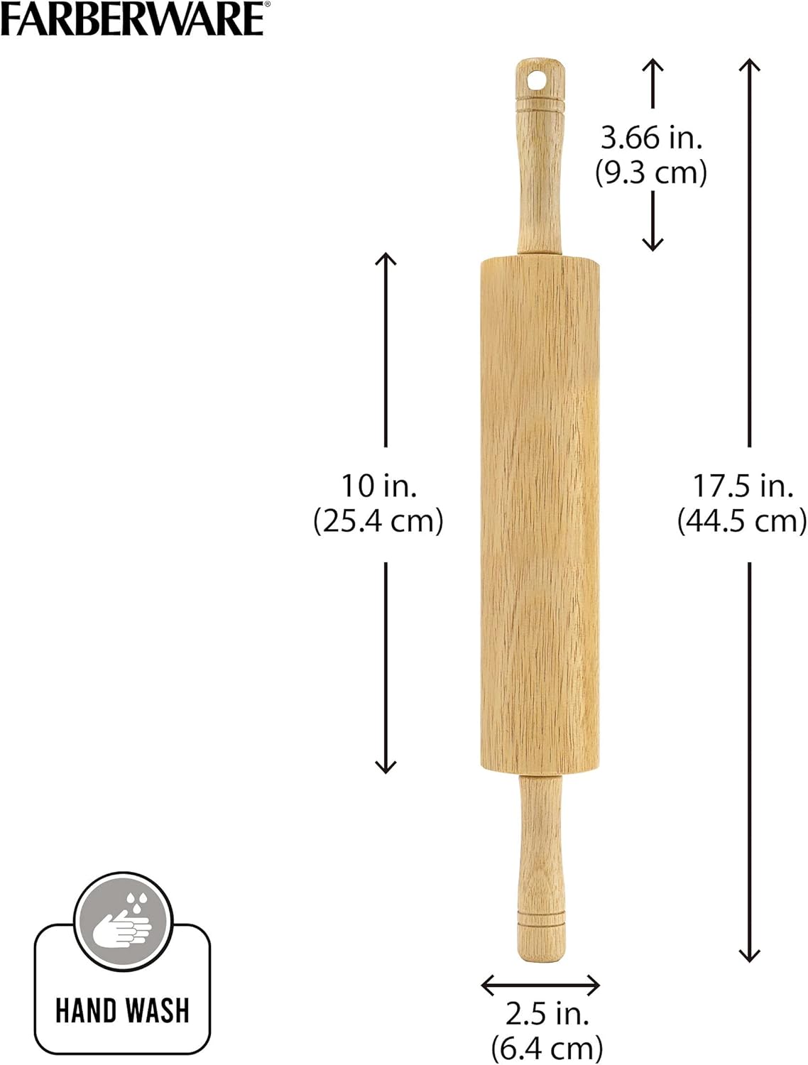 Farberware Classic Wood Rolling Pin for Baking, Professional Hardwood Dough Roller with Comfort Grip Handles for Pizza, Pie Crust, Pastry and Cookie Making, 18 Inch Total Length