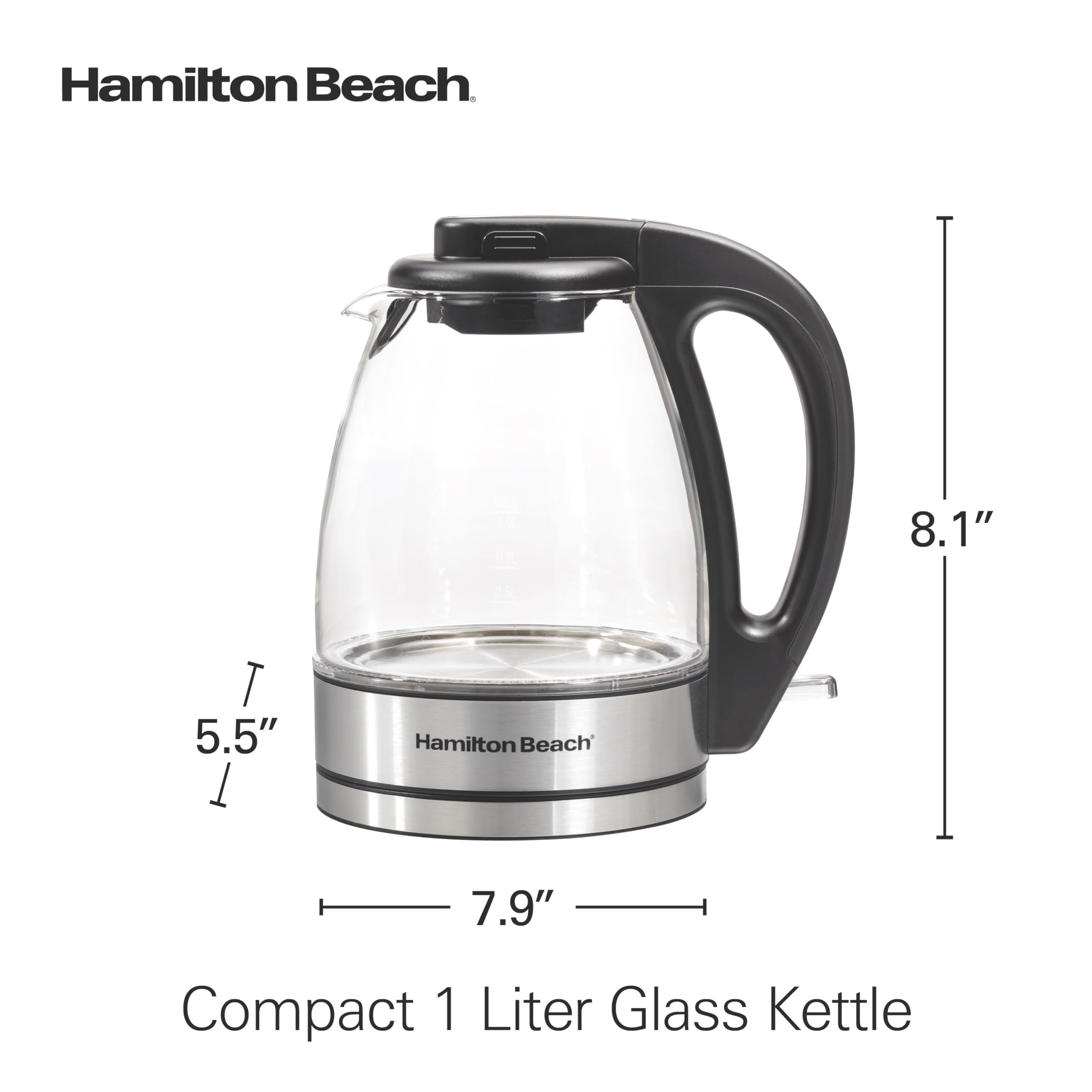 Електричний чайник Hamilton Beach Glass, бойлер та підігрівач води, 1 літр, 1500 Вт для швидкого приготування, без BPA, бездротове приготування, автоматичне вимкнення та захист від кипіння, м'який синій світлодіод (40930)