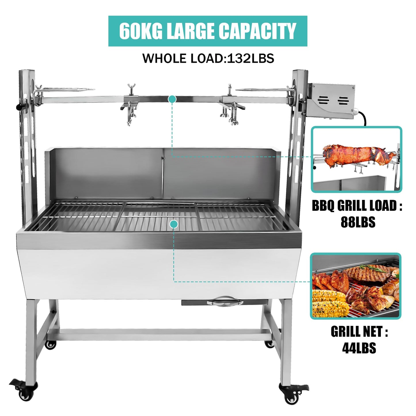 Stainless Steel Rotisserie Grill with Windscreen, Electric 25W Motor Outdoor Cooking Spit Roaster, 132 LBS BBQ Spit Roaster, BBQ Whole Pig Lamb Goat Charcoal Spit Grill Rotisserie Roaster System