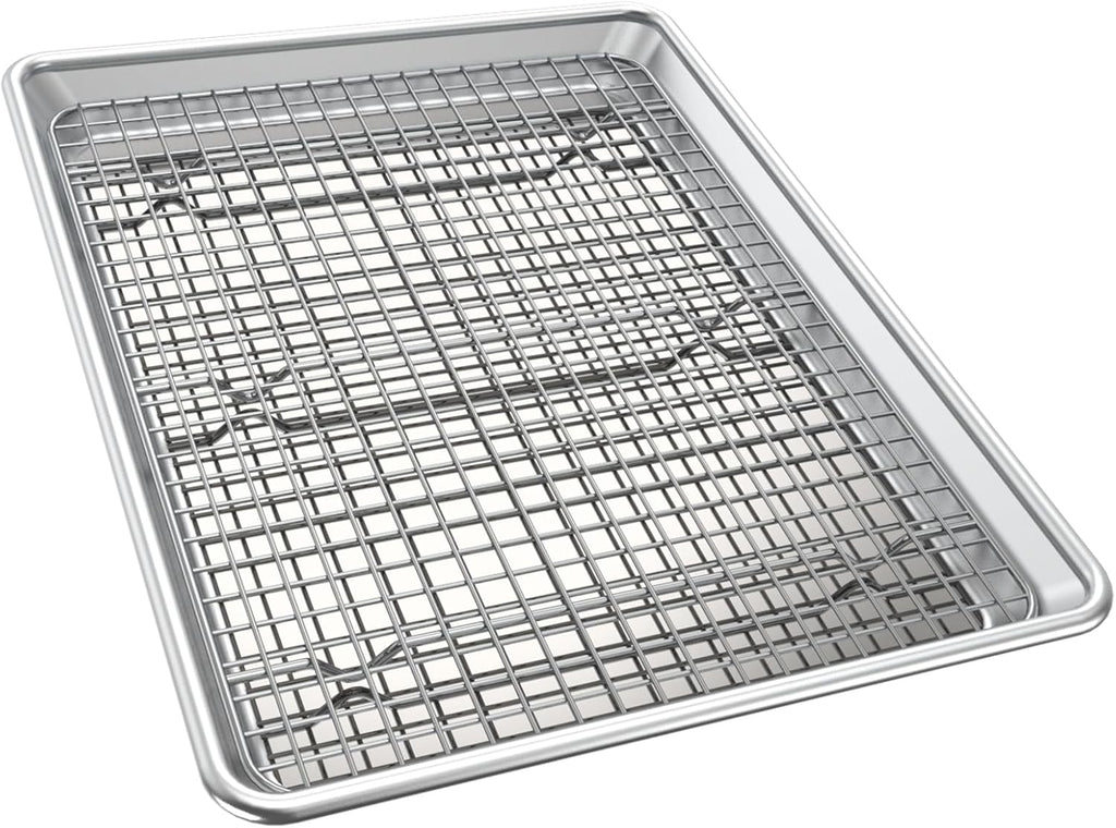 Half Sheet Pans with Rack Set, 18 Inch Commercial Quality Baking Sheet Pan Set, Natural Aluminum Cookie Sheet, Warp Resistant Nonstick Thick Cookie Tray Pans for Baking, Roasting