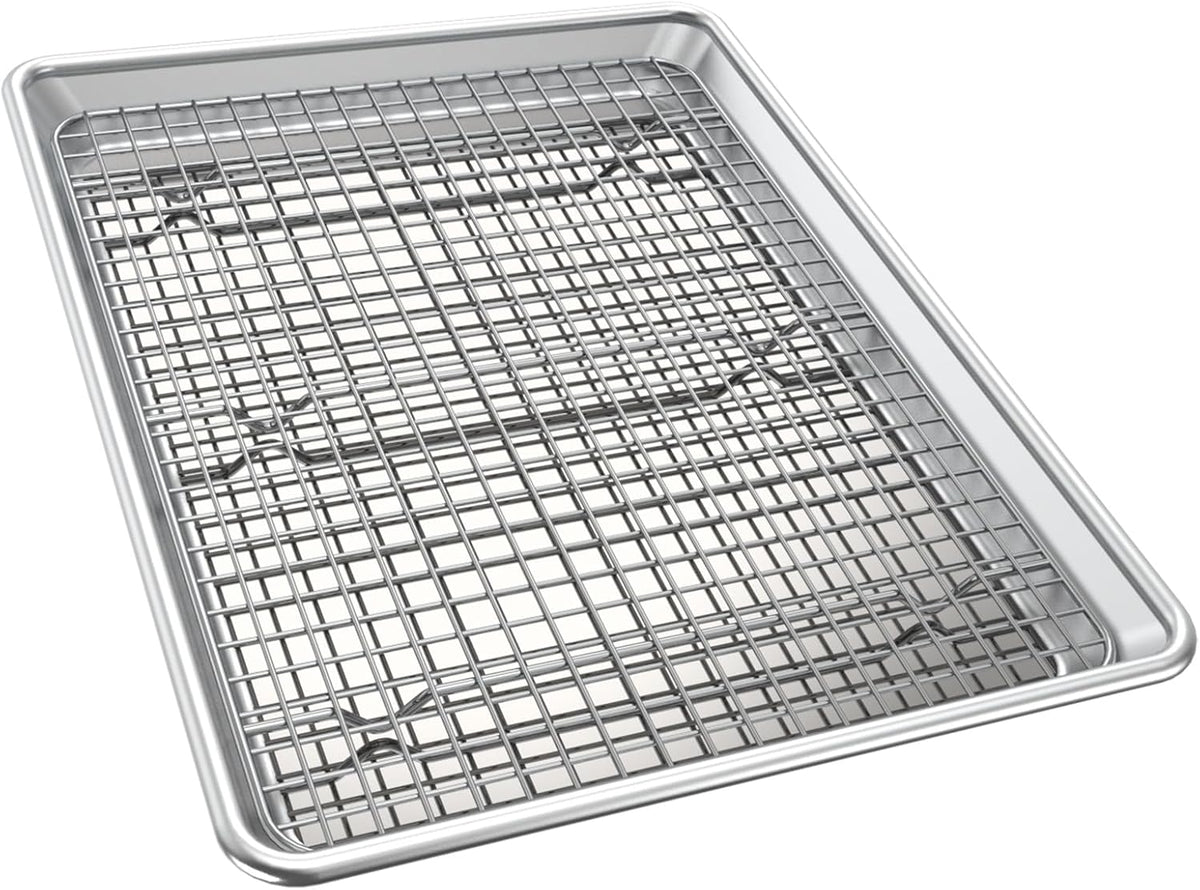 Half Sheet Pans with Rack Set, 18 Inch Commercial Quality Baking Sheet Pan Set, Natural Aluminum Cookie Sheet, Warp Resistant Nonstick Thick Cookie Tray Pans for Baking, Roasting