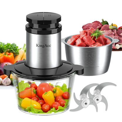 KingAcc Food Processor, 500W Powerful Electric Meat Grinder Chopper With 2 Bowls (8 Cup+8 Cup), 2 Sets Blades Mini Meat Mincer For home kitchen Use Vegetable,Garlic,Onion,Fruit,Baby Food