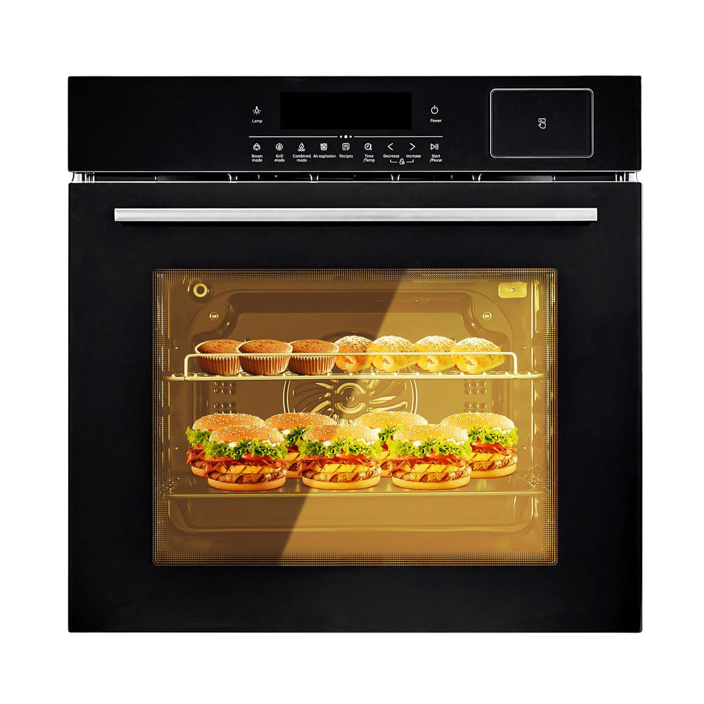 Piekarnik ścienny 24", wbudowany piekarnik elektryczny z 5 automatycznymi przepisami, 3000 W, 2,5 CF konwekcyjny, funkcja pary i smażenia na powietrzu, stal nierdzewna, sterowanie dotykowe, timer, blokada bezpieczeństwa