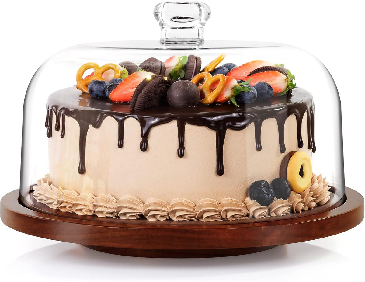 jkwokback Cake Stand with Acrylic Dome, Rotating Cake Plate Acacia Wood Cake Stand with Acrylic Lid, Cake Decorating Turntable for Baking Gifts, Birthday Kitchen Party, Weddings