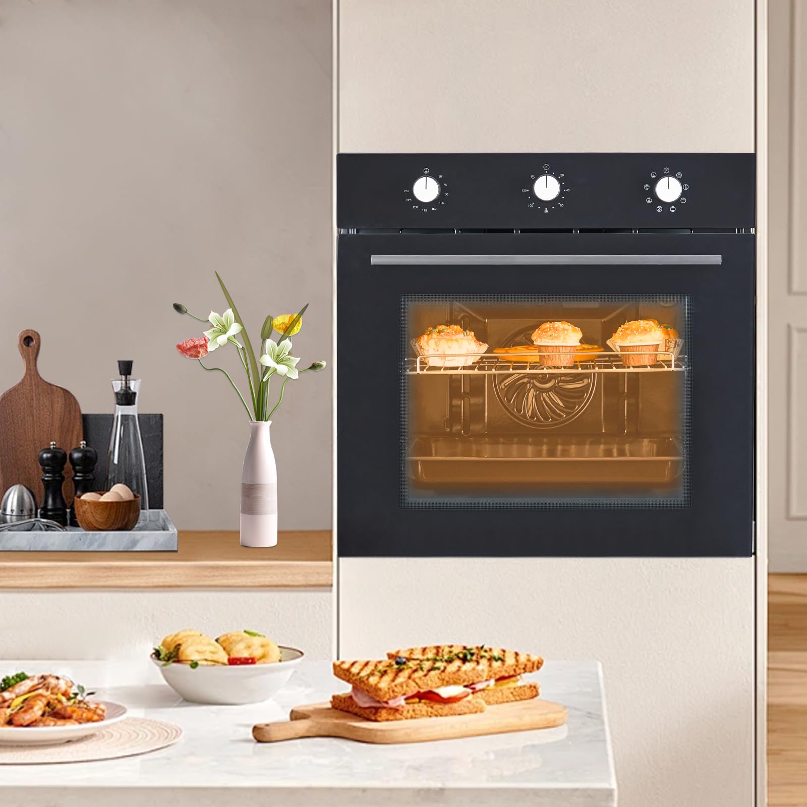 24" Elektryczny piekarnik ścienny z 8 trybami pieczenia 2.5Cu.ft Wbudowany elektryczny piekarnik konwekcyjny z funkcją smażenia na powietrzu Ogrzewanie 3D z dwuwarstwowymi szklanymi drzwiami 3000 W Srebrny