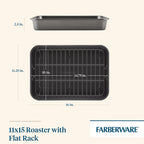Farberware Bakeware Nonstick Steel Roaster with Flat Rack, 11-Inch x 15-Inch, Gray