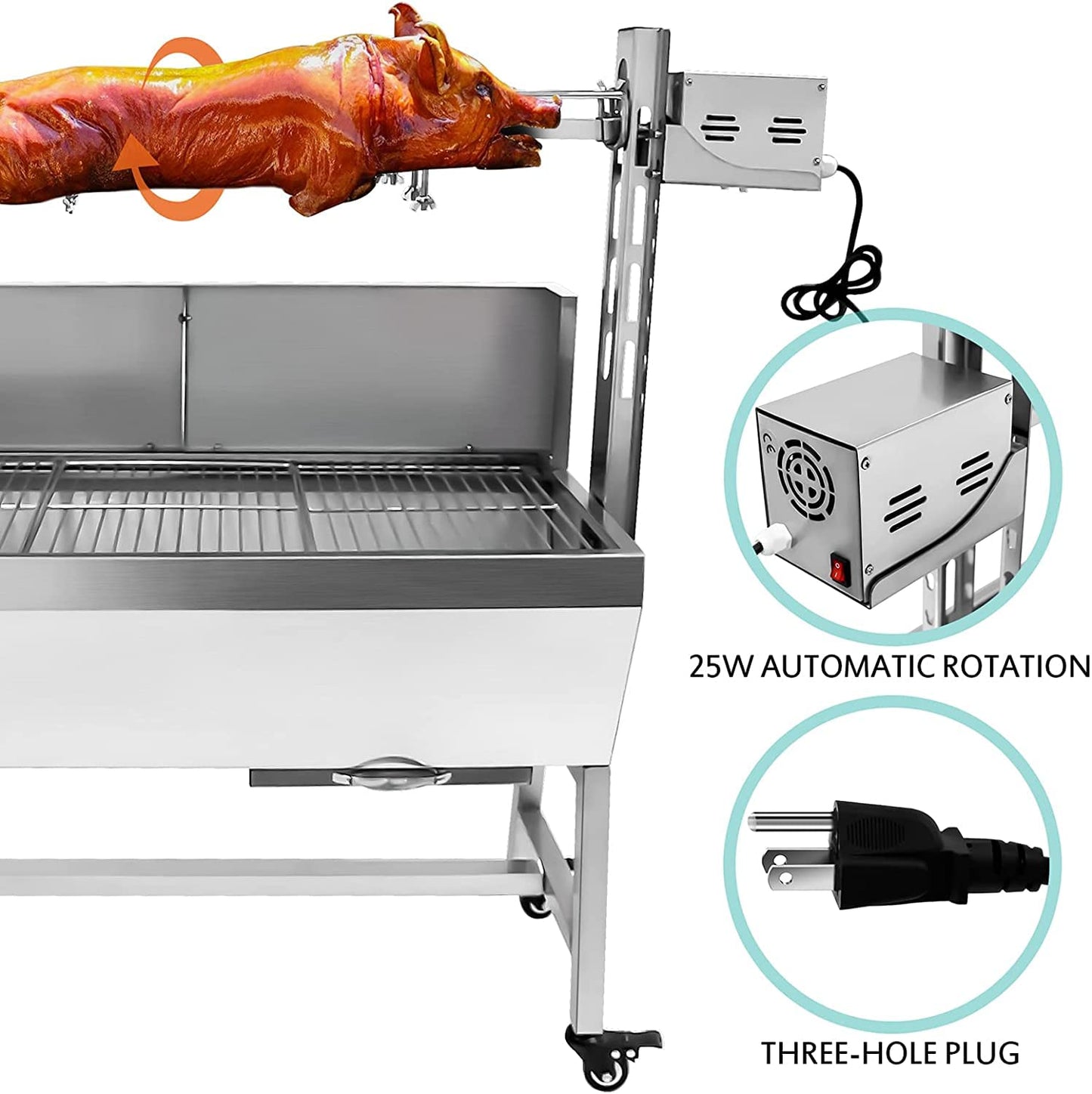 KODOM 132LBS Stainless Steel Rotisserie Grill with Back Cover Guard, 25W Motor Small Pig Lamb 37 Inch BBQ Charcoal Rotisserie Roaster Grill for Camping Outdoor Kitchen