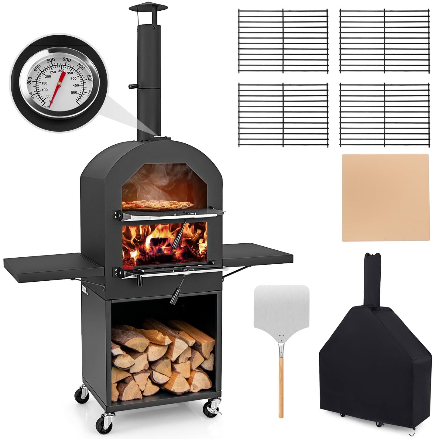 Giantex Pizza Oven Outdoor - Wood Fired Pizza Oven with 2 Side Tables, Pizza Stone, Pizza Peel, Cover, Cooking Grids, Pizza Maker on Wheels for Outside Charcoal Grill Backyard Party Camping