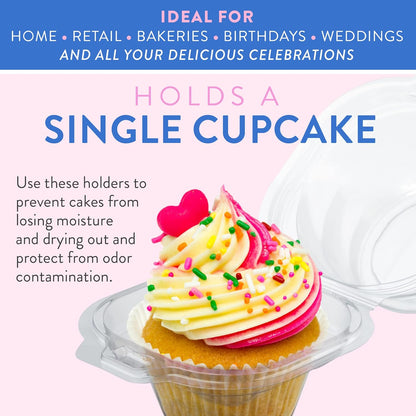 Individual Cupcake Containers (100 Pack) | Clear Plastic Disposable Cupcake Boxes/Holders | Single Cupcake Holder with Dome Lid Bulk | BPA-Free Plastic Cupcake Muffin Container Carrier Boxes to Go