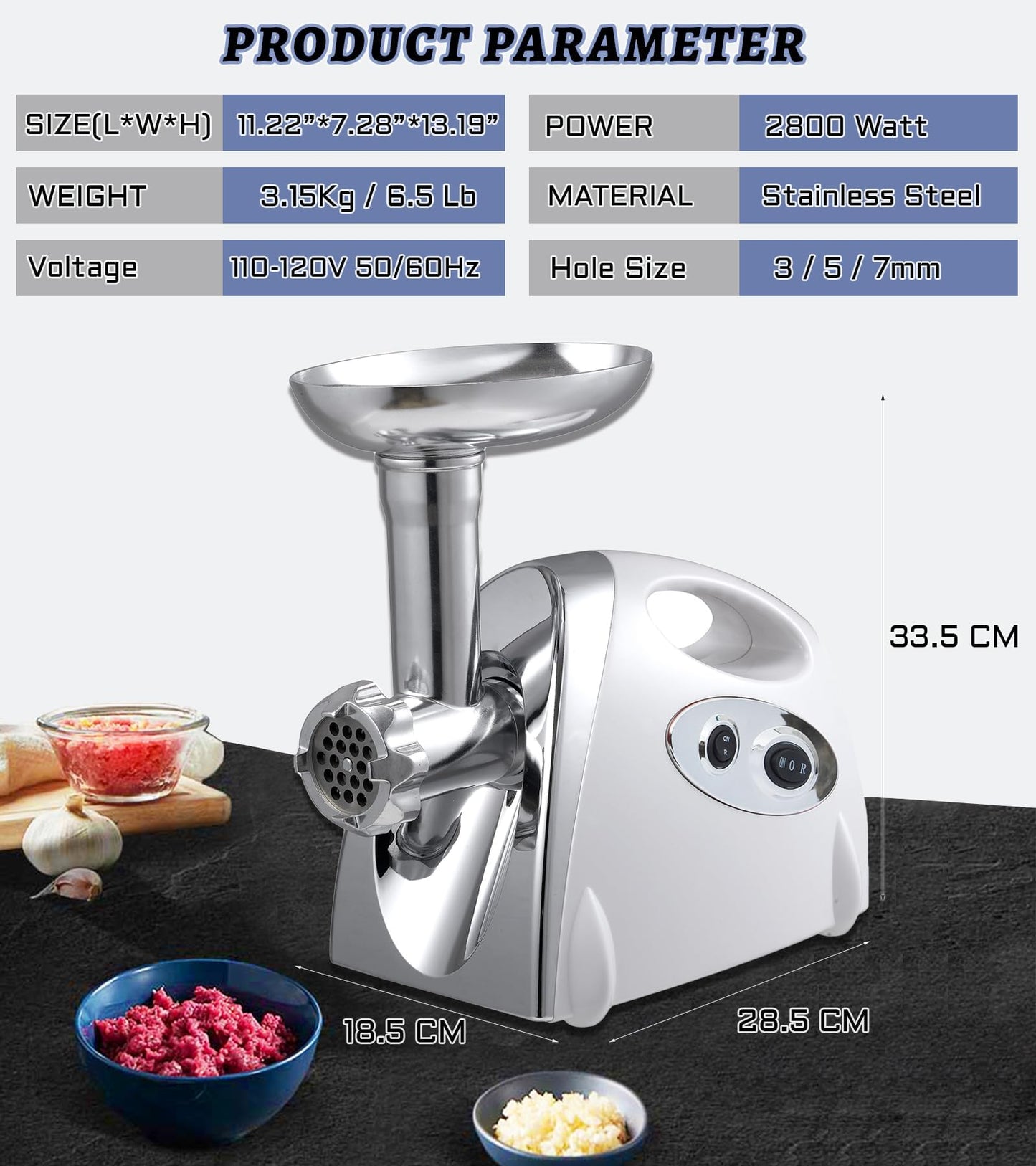 VNIMTI Electric Meat Grinder, Heavy Duty Meat Grinders 2800W, Stainless Sausage Maker Meat Mincer Machine with Blade, 3 Plates, Sausage Stuffer Tube and Kubbe Kit for Home Kitchen Use (2800W-White)