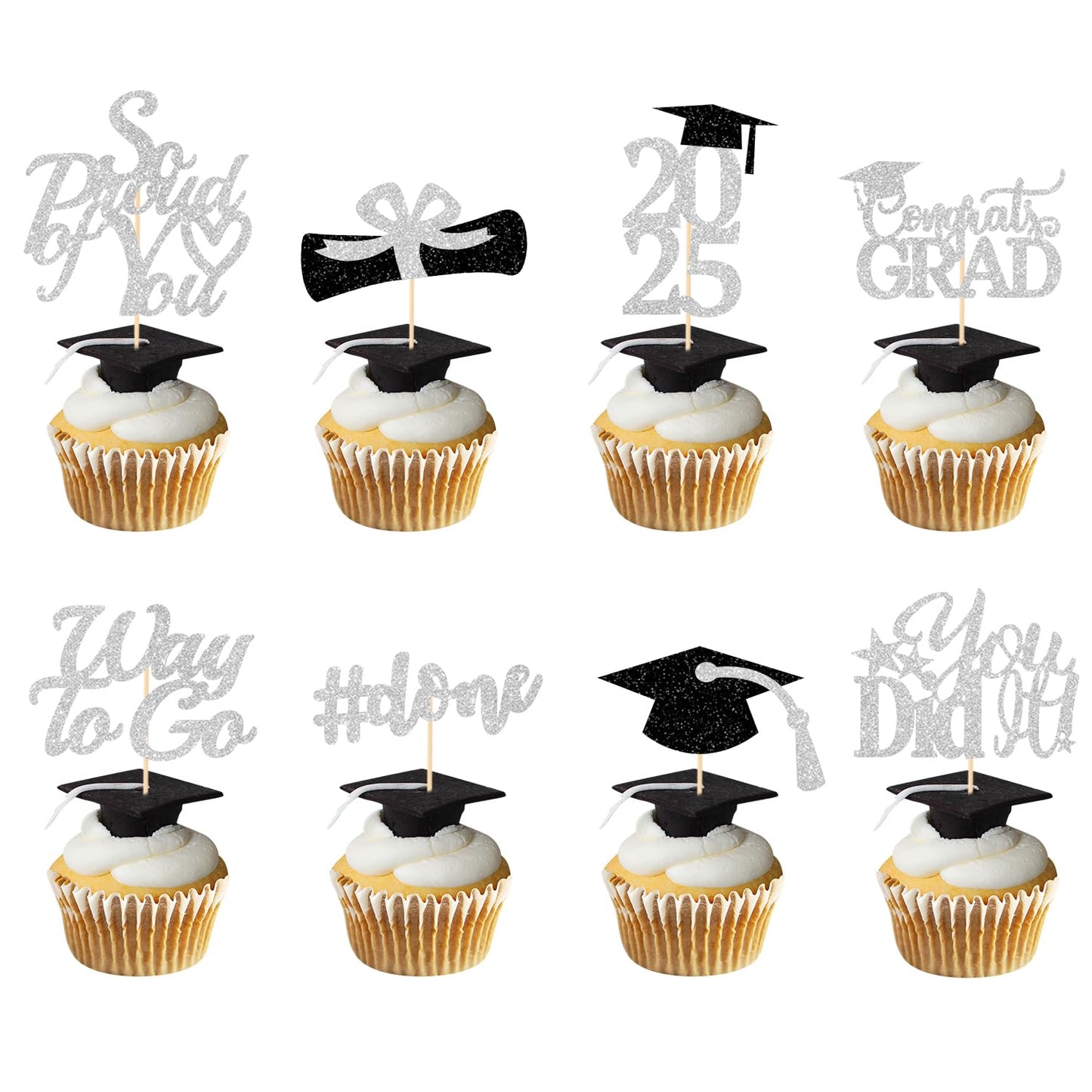 Graduation Decorations 2025 Blue, Graduation Cupcake Toppers 2025 Blue Black, Glitter Class of 2025 Cupcake Toppers Supplies, Class of 2025 Congrats Grad Cap Diploma Cupcake Picks - 40Pcs