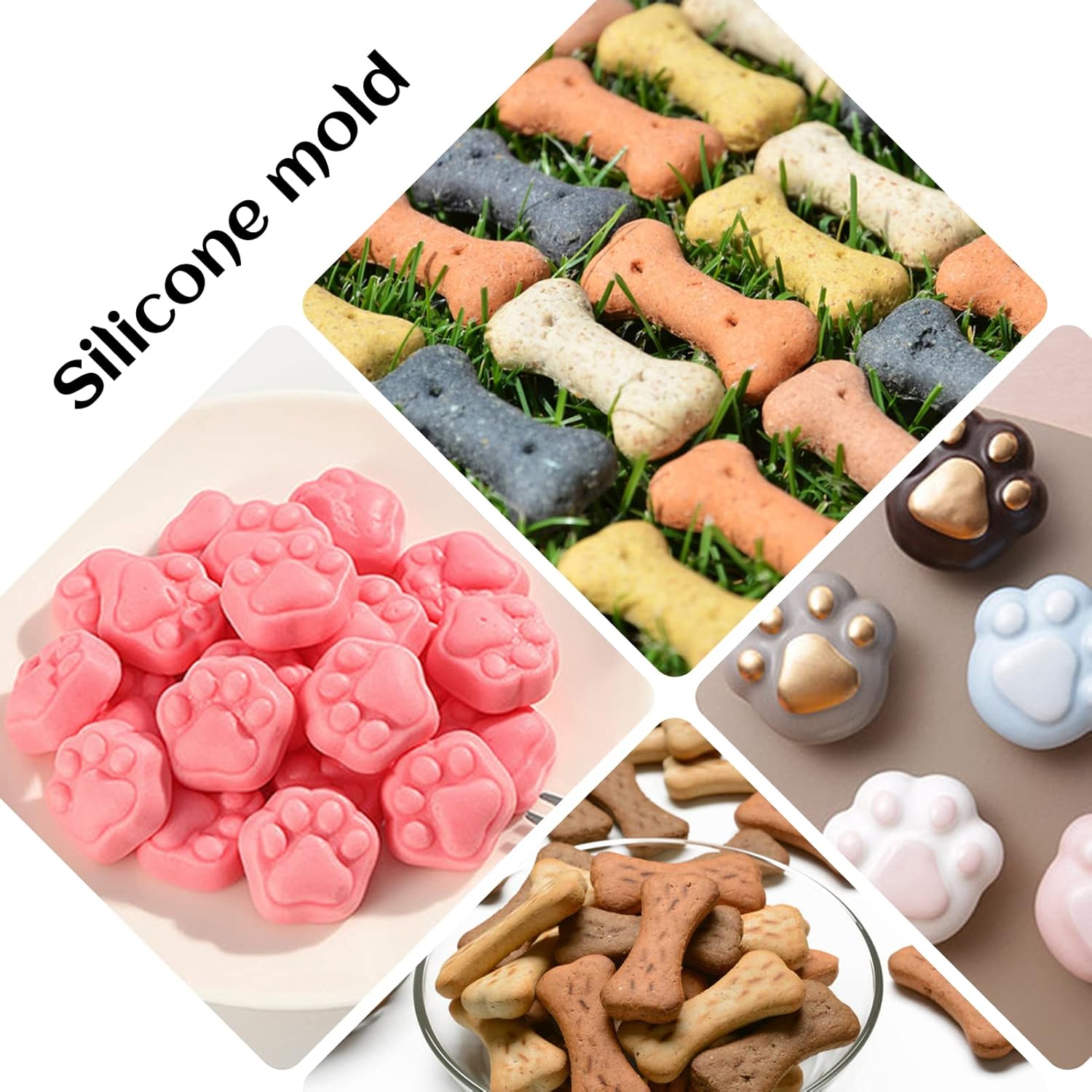 2 PCS Mini Silicone Molds, 106 Cavity Dog Bone + 69 Cavity Paw Mold for Baking Biscuits, Cookies, Candy, Chocolate, Jelly Pet Dog Treats