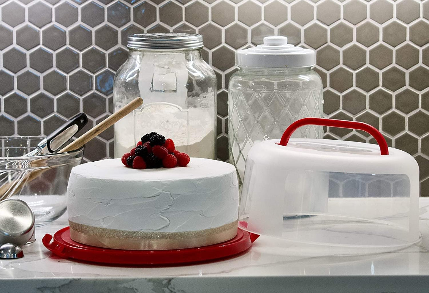 Top Shelf Elements Round Cake Carrier For Up To 10 Inch Cake Portable Cake Stands Two Sided Cake Box With Handle Fashionable Base Doubles as Five Section Serving Tray Container Holds Pies(Scarlet)