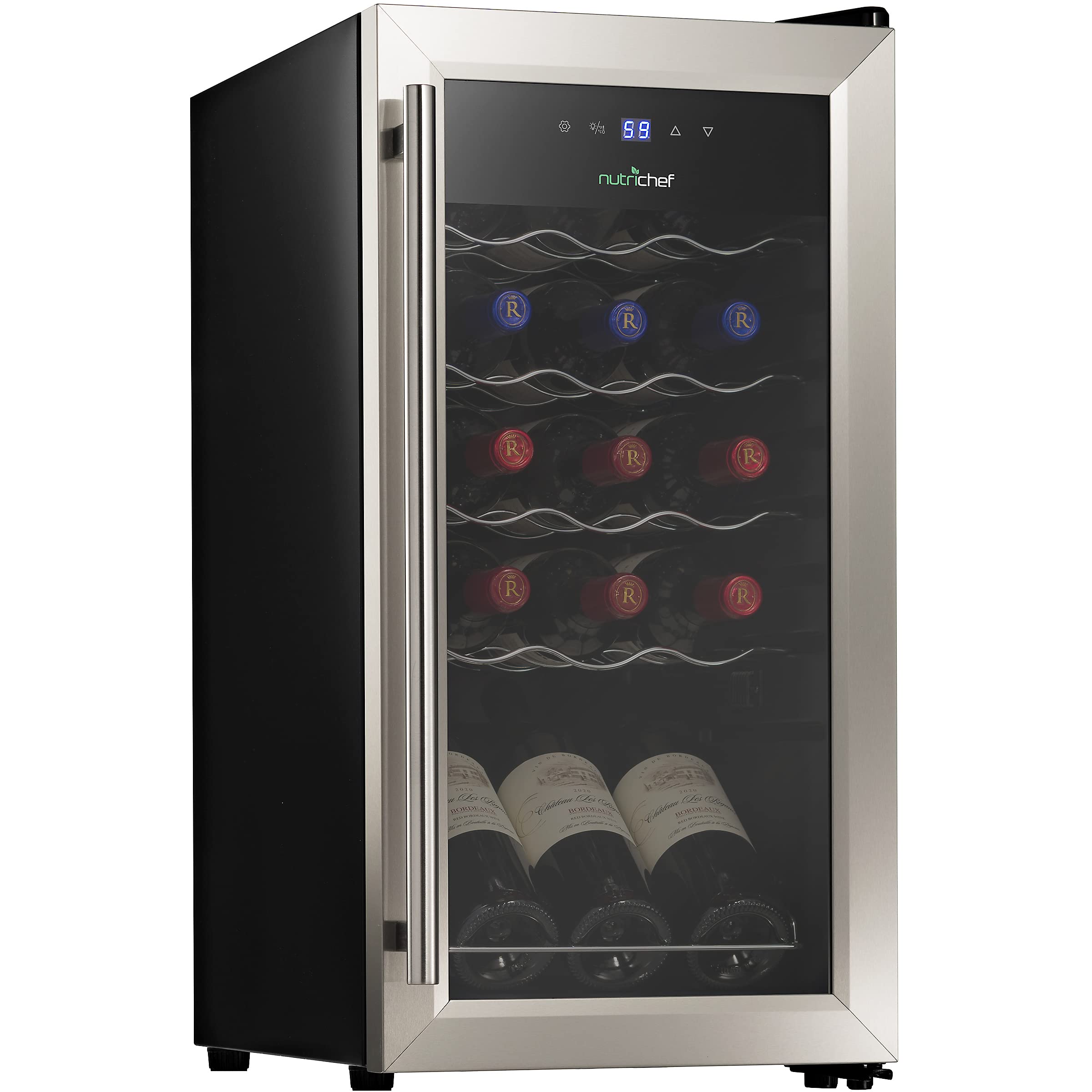 nutrichef 15 Bottle Fridge | Red and White Chiller | Adjustable Temp Control 41°F to 64°F | Ultra Quiet Operation | Mini Wine Cooler Built for Home, Office, Kitchen Counter, 27x13x17, Stainless Steel
