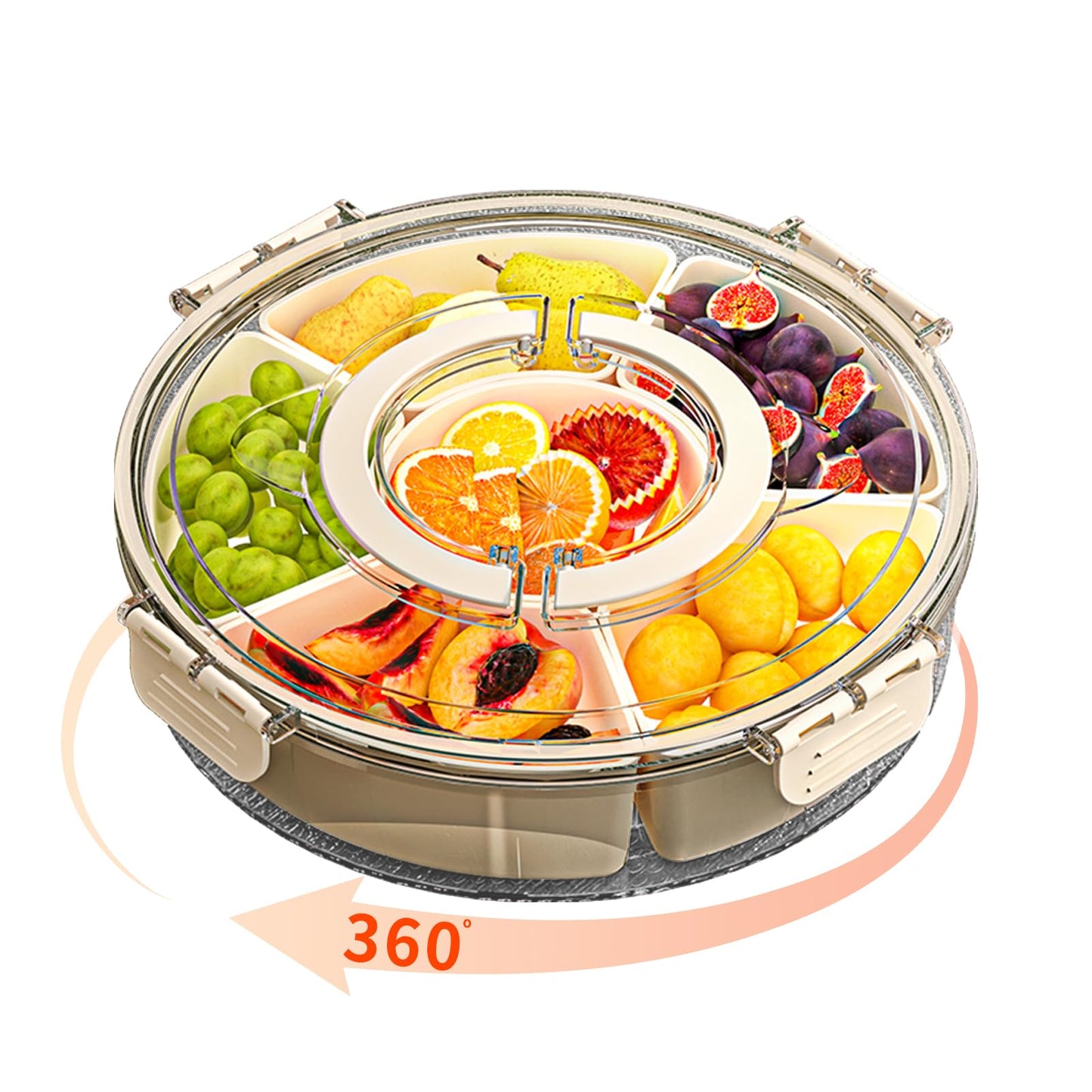 Divided Serving Tray with Lid and Handle, Stackable Snackle Box Container for Fruits Candy Organizer, Portable Spinning Rounded Veggie Tray for Kitchen, Party, Trave and Picnic-1 Pack