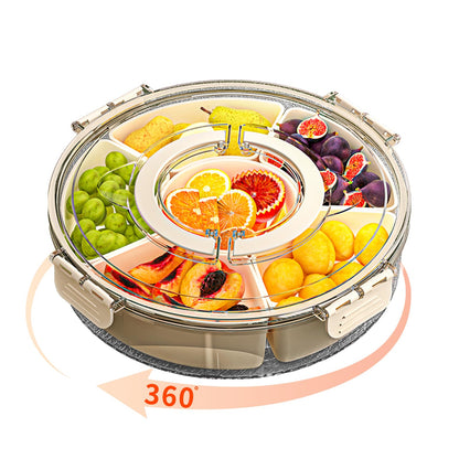 Divided Serving Tray with Lid and Handle, Stackable Snackle Box Container for Fruits Candy Organizer, Portable Spinning Rounded Veggie Tray for Kitchen, Party, Trave and Picnic-1 Pack