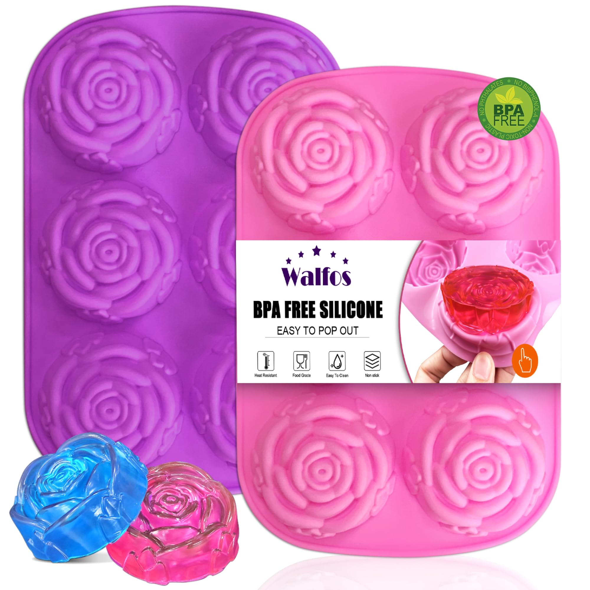 Walfos Silicone Soap Molds Set of 3, 6 Cavities Rectangle Silicone Soap Molds for Homemade Craft Soap Mold, Cake,Chocolate ＆ Ice Cube Tray（Blue & Purple ＆ Pink）